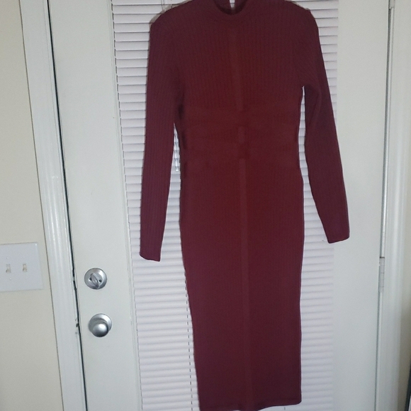 Red Long Sleeve Bodycon Dress with Mock Neck - Picture 3 of 13
